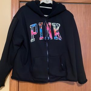 Victoria Secret PINK coat with hood large black fleece reverse to Sherpa